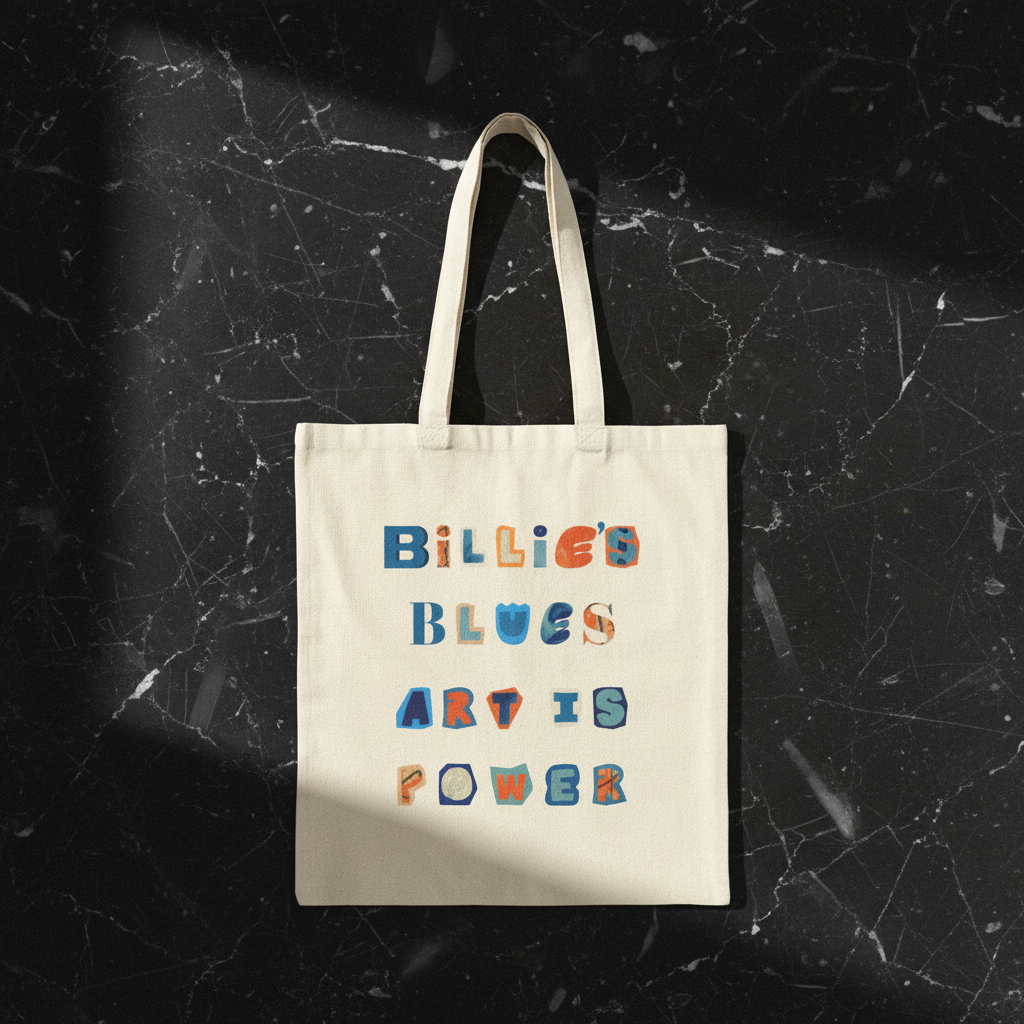 Billie's Blues natural canvas tote bag back panel on black marble — 12oz cotton double-sided print | Art Is Power Vol. I by Inkwell Fine Art Prints