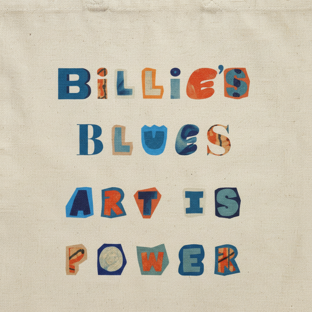 Billie's Blues natural canvas tote bag macro close-up of back print detail — Art Is Power Vol. I by Inkwell Fine Art Prints