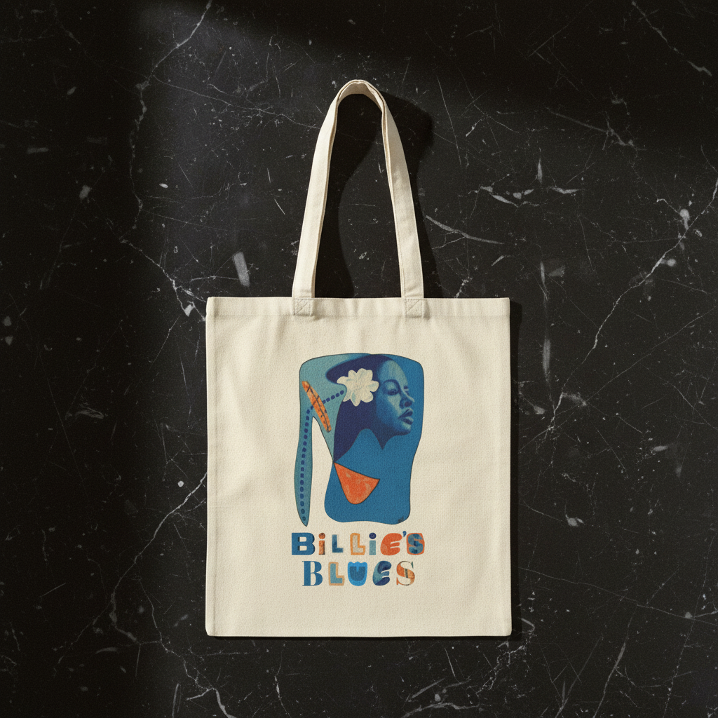 Billie's Blues natural canvas tote bag front panel on black marble — 12oz cotton double-sided print | Art Is Power Vol. I by Inkwell Fine Art Prints