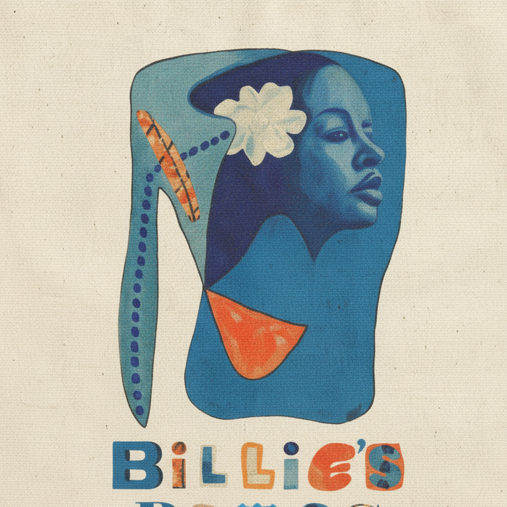 Billie's Blues natural canvas tote bag macro close-up of front print detail — Art Is Power Vol. I by Inkwell Fine Art Prints