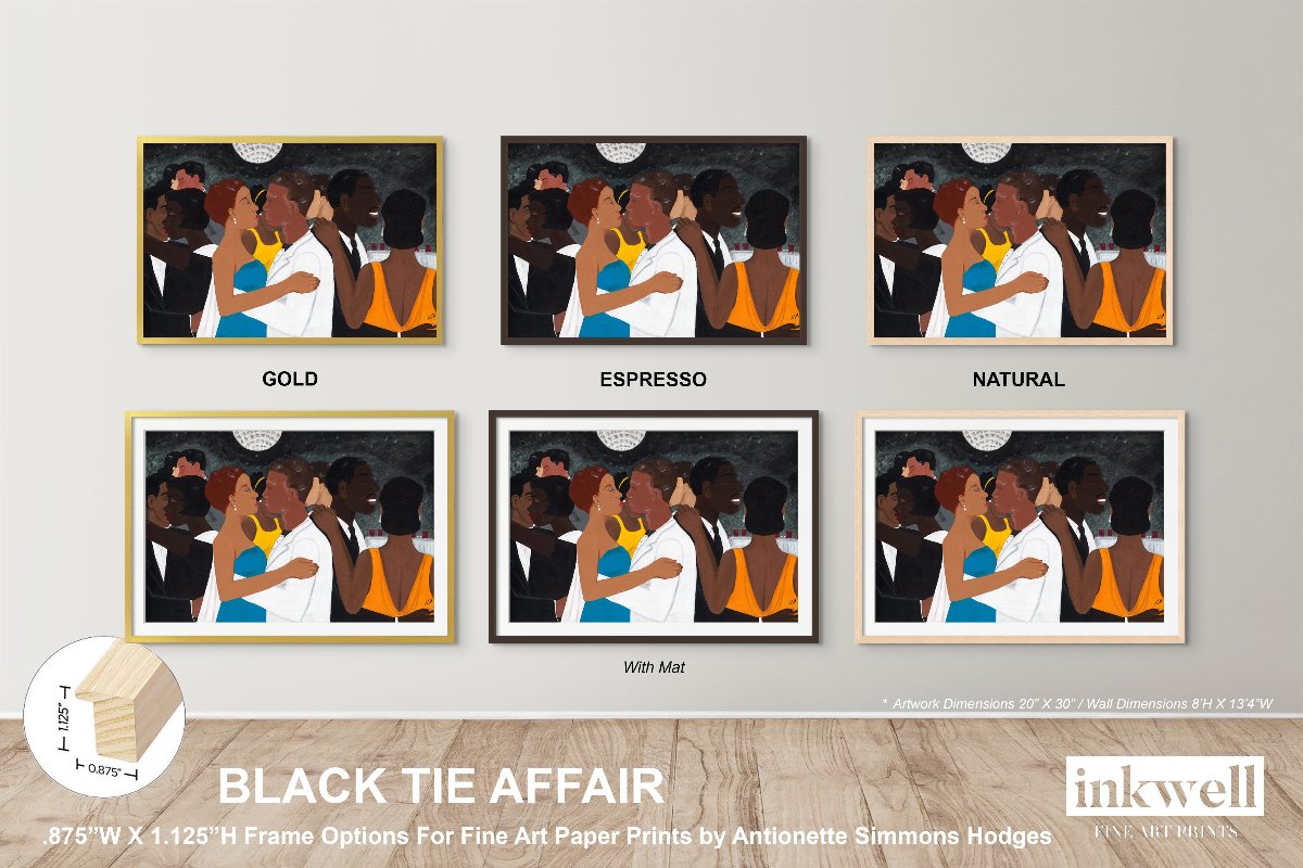 'Black Tie Affair' fine art print: Couple in blue and yellow dress, white suit, with elegantly dressed figures under a disco ball against a monochromatic background, shown on a wall with frame options of .875" x 1.125" in gold, espresso, and natural.