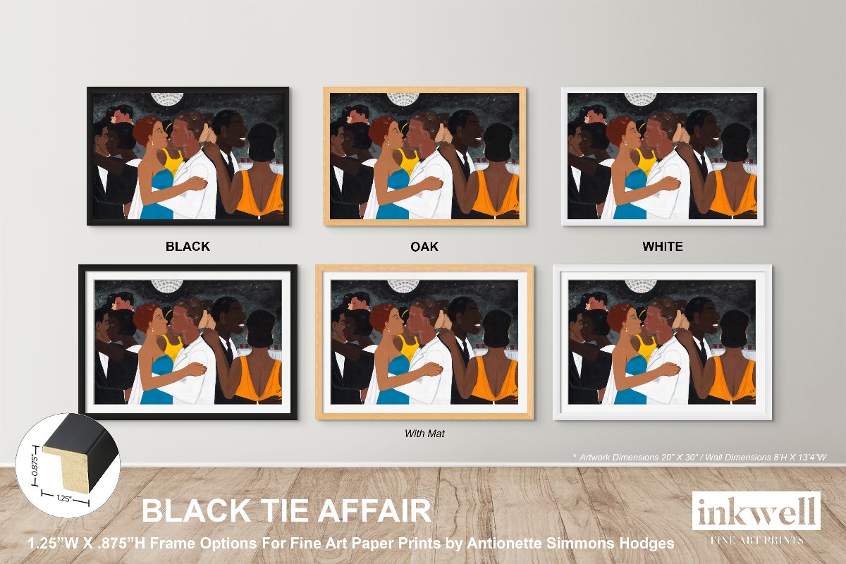 Black Tie Affair' fine art print: Couple in blue and yellow dress, white suit, with elegantly dressed figures under a disco ball against a monochromatic background, displayed on a wall with frame options of 1.25" x .875" in black, oak, and white.