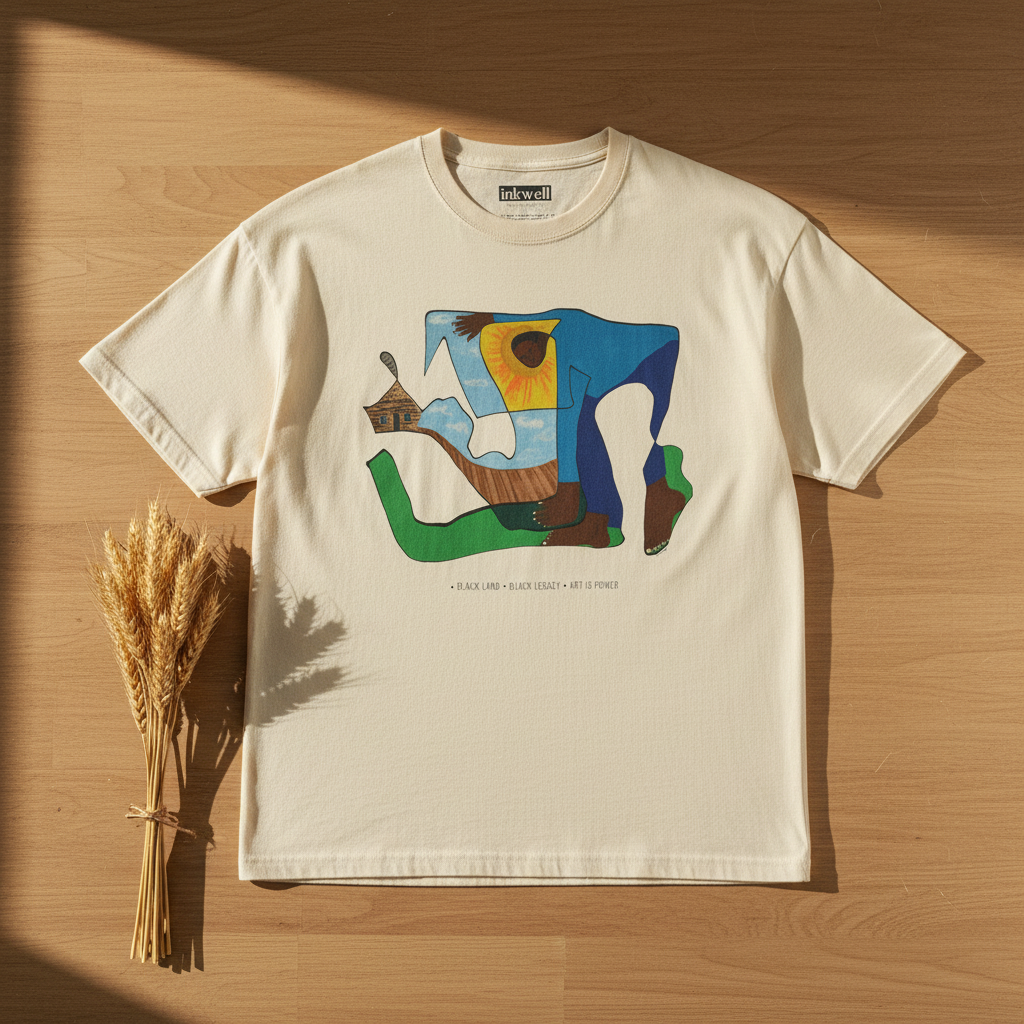 The Sharecropper natural tee flatlay — Black land Black legacy — Art Is Power Vol. I | Inkwell Fine Art Prints