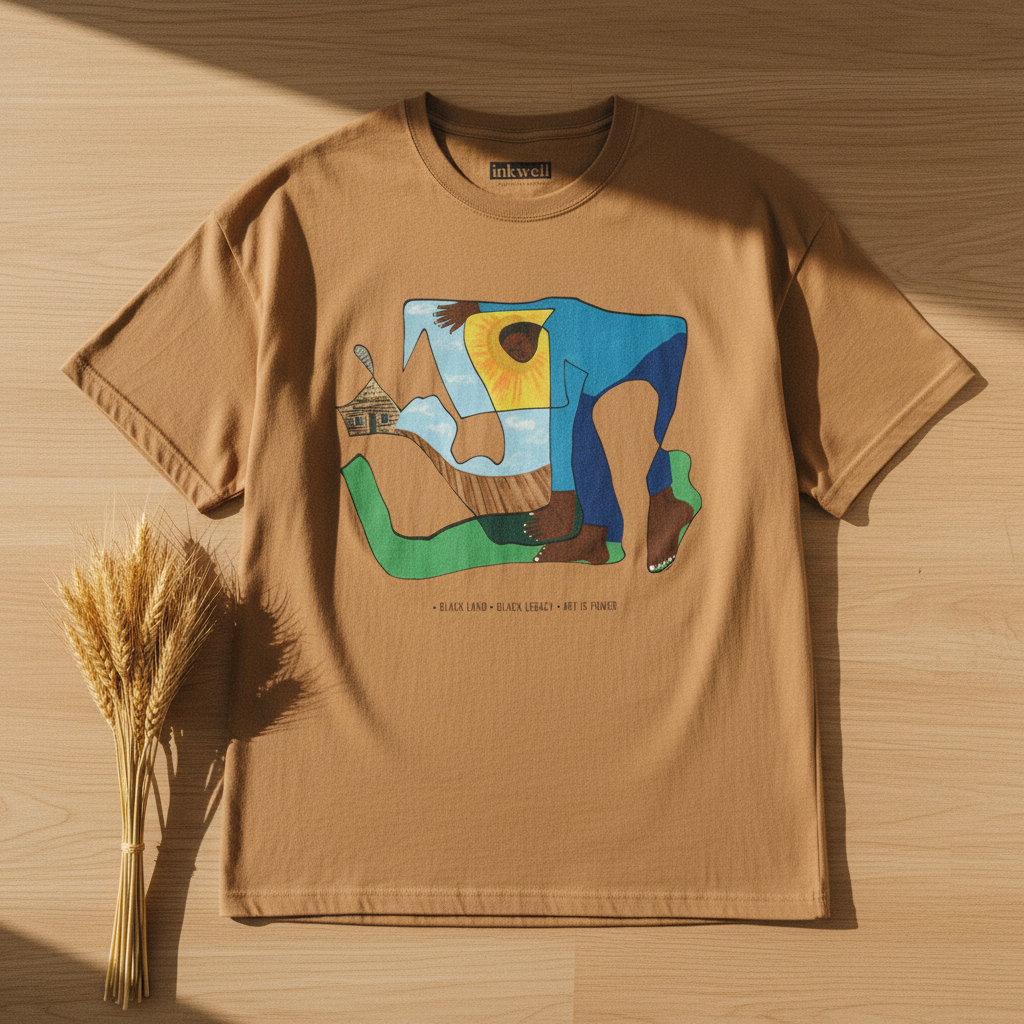 The Sharecropper tee flatlay — Black land and legacy art print — Art Is Power Vol. I | Inkwell Fine Art Prints