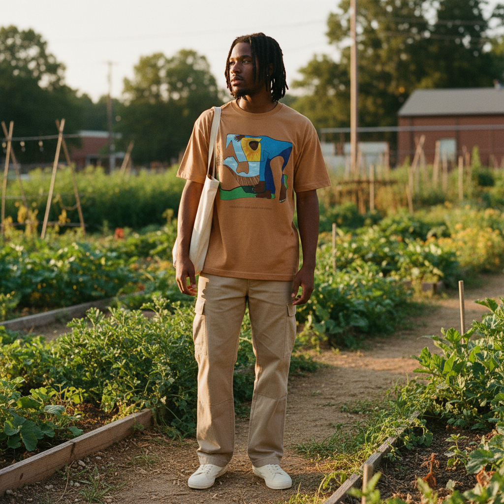 Man wearing The Sharecropper tee — Black land Black legacy — Art Is Power Vol. I | Inkwell Fine Art Prints