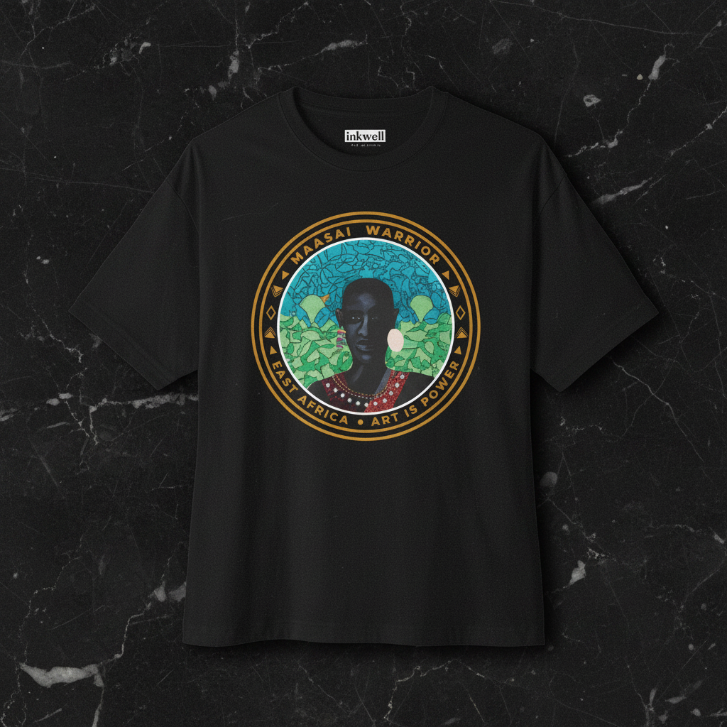 Maasai Warrior black tee flatlay with neck label — Art Is Power Vol. I | Inkwell Fine Art Prints