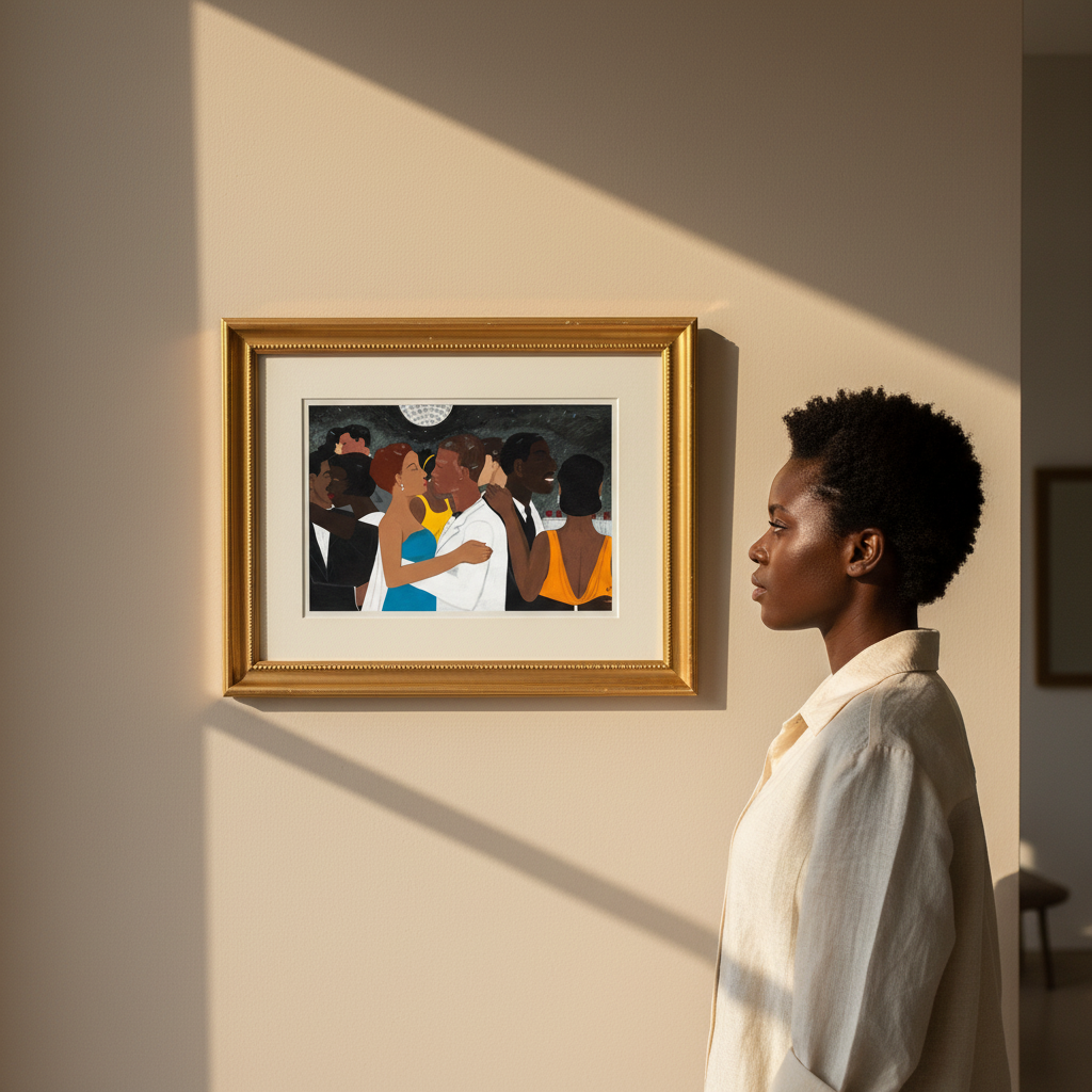 Woman looking at a painting of a group of people on a wall