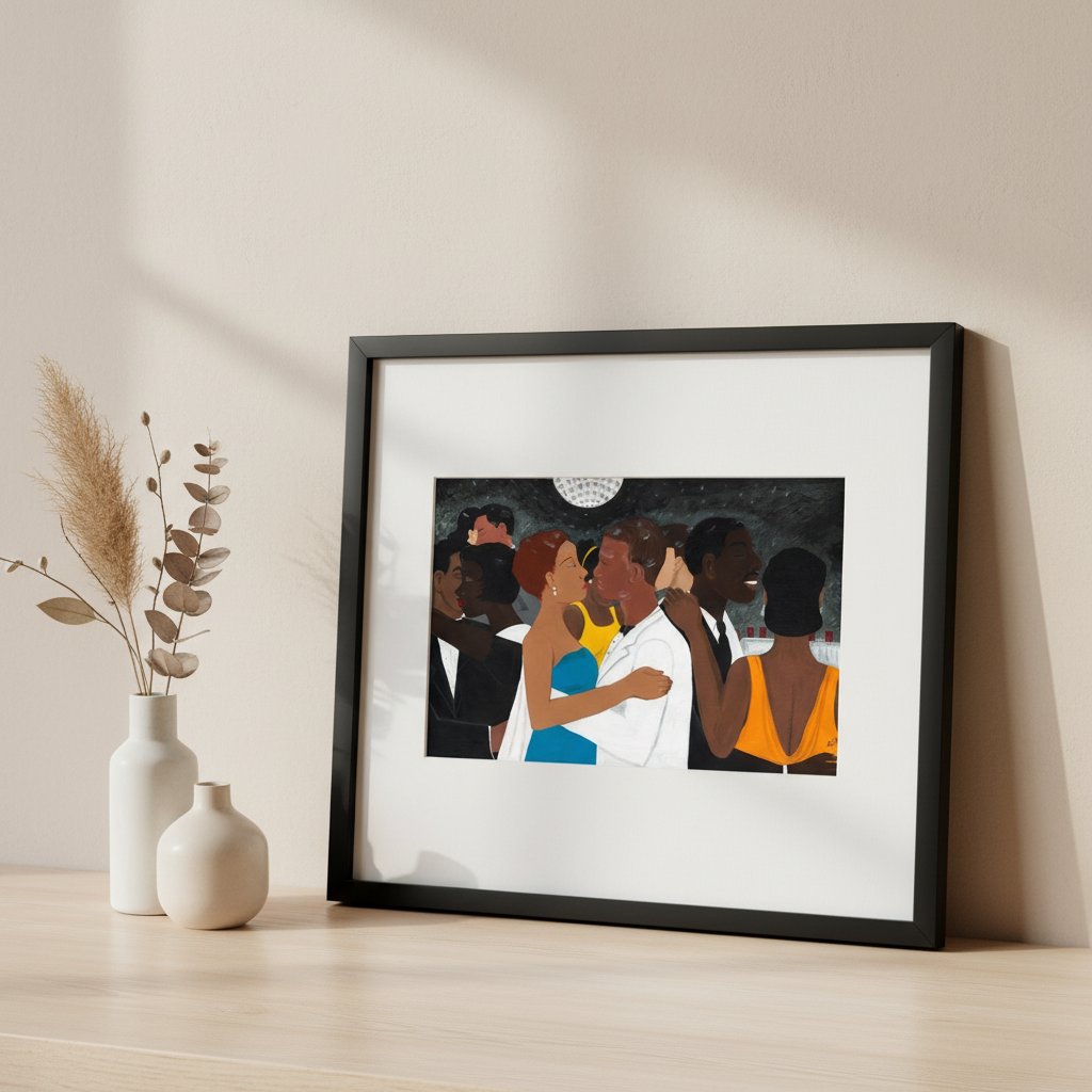 Framed artwork of a couple embracing at a party on a wooden surface with decorative vases.