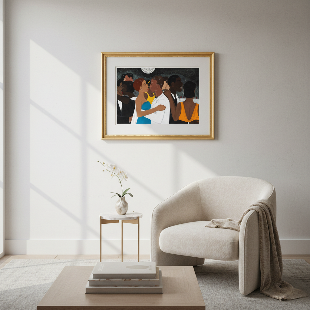 Framed artwork of a group of people on a wall above a beige armchair in a room with a small table and books.