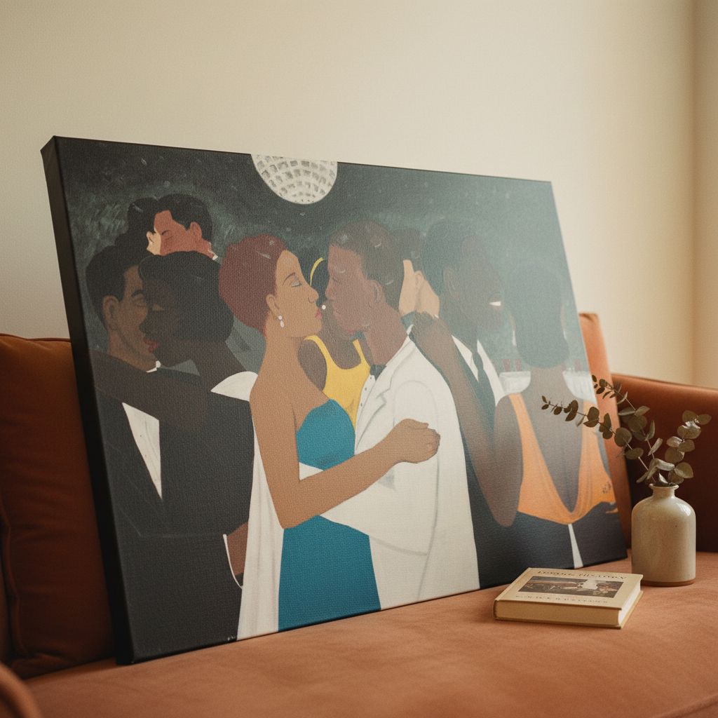 Black Tie Affair canvas print against sofa with black edges — African American formal dance art