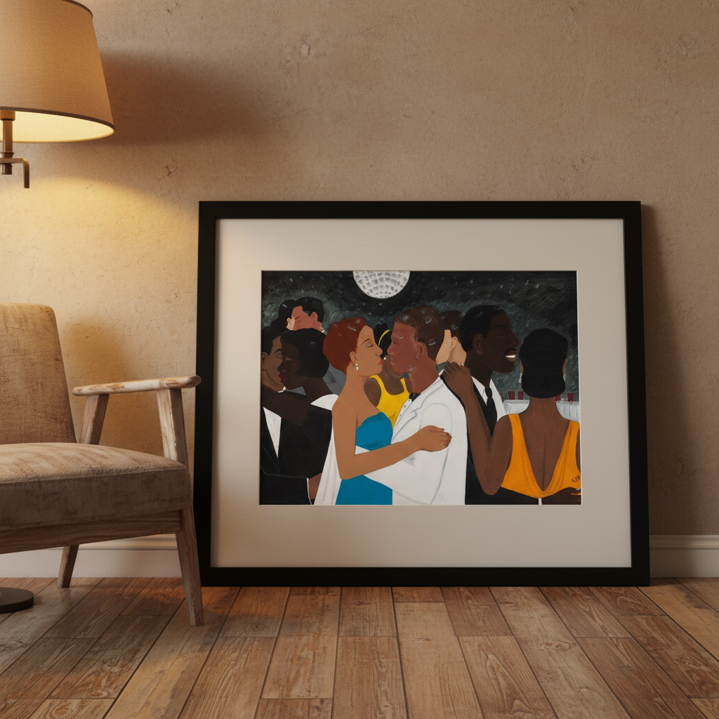 Framed artwork of a group of people in formal attire on a wall in a room with a chair and lamp.