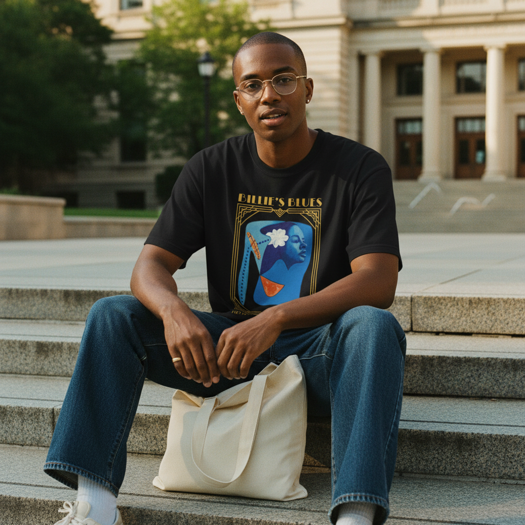 Person wearing the Billie Holiday Art Deco Collector Tee in a creative portrait — Art Is Power Vol. I by Inkwell Fine Art Prints