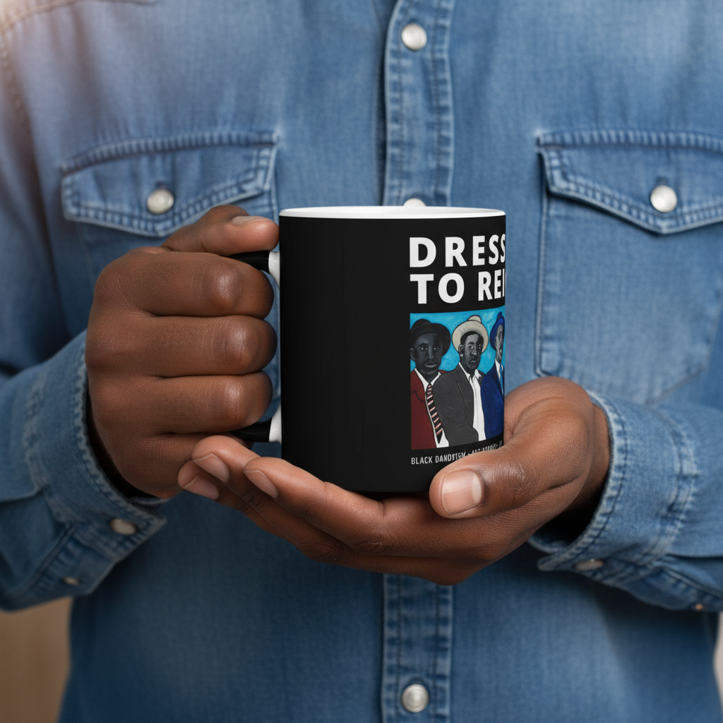 Black man in denim shirt holding the Four Guys ceramic mug — Art Is Power Vol. I by Inkwell Fine Art Prints