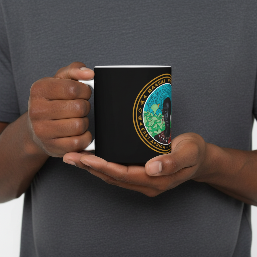 Black man holding the Maasai Warrior ceramic mug — Art Is Power Vol. I by Inkwell Fine Art Prints