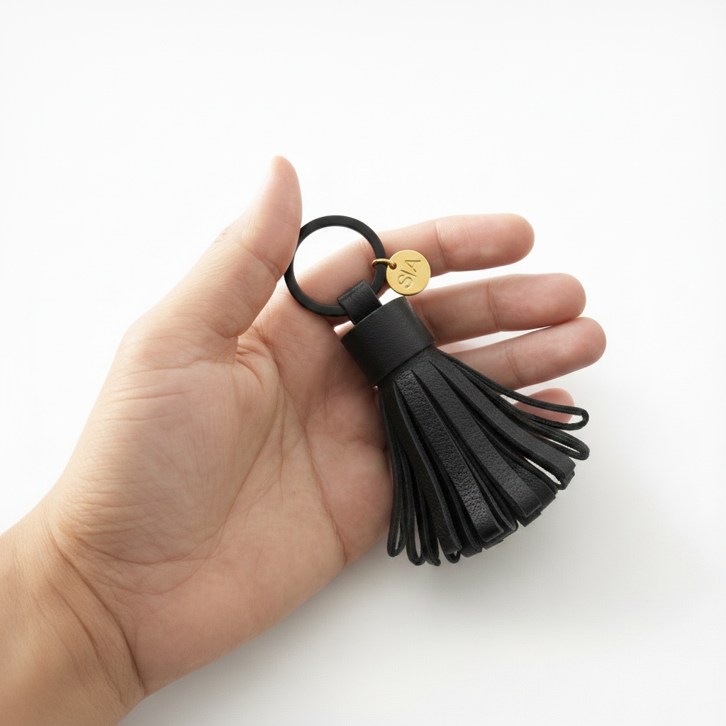 Hand holding a handcrafted black leather tassel keychain to show scale