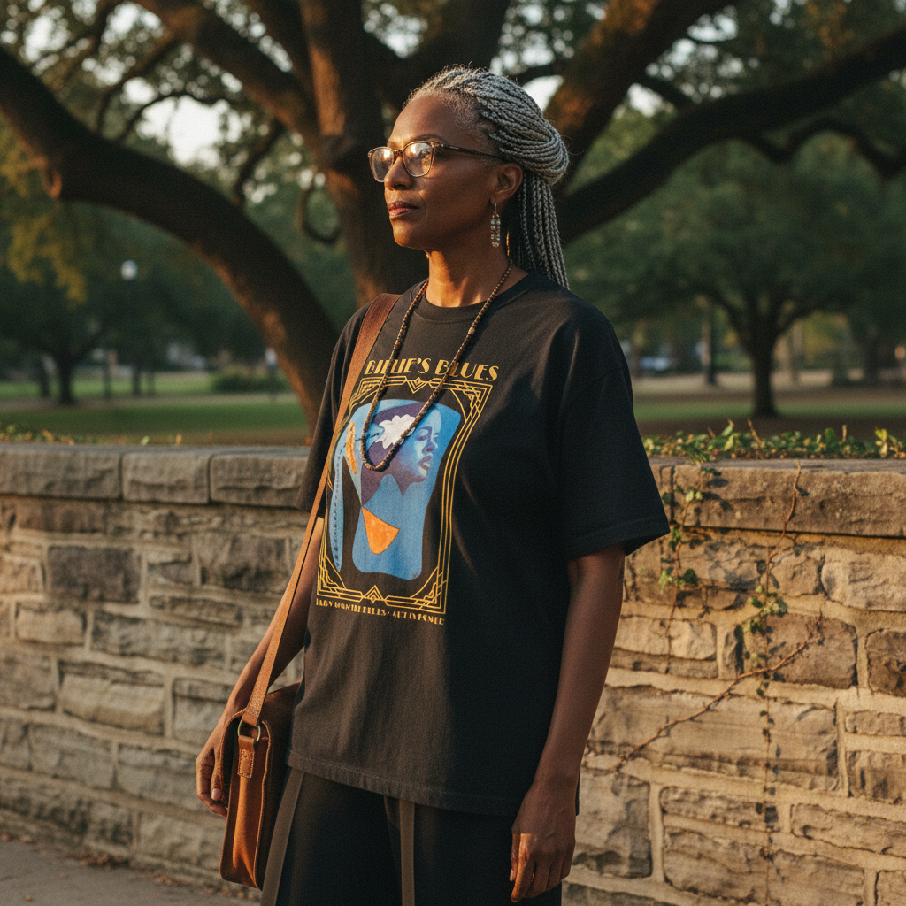Senior faculty wearing Billie Holiday Art Deco black tee — Art Is Power Vol. I | Inkwell Fine Art Prints