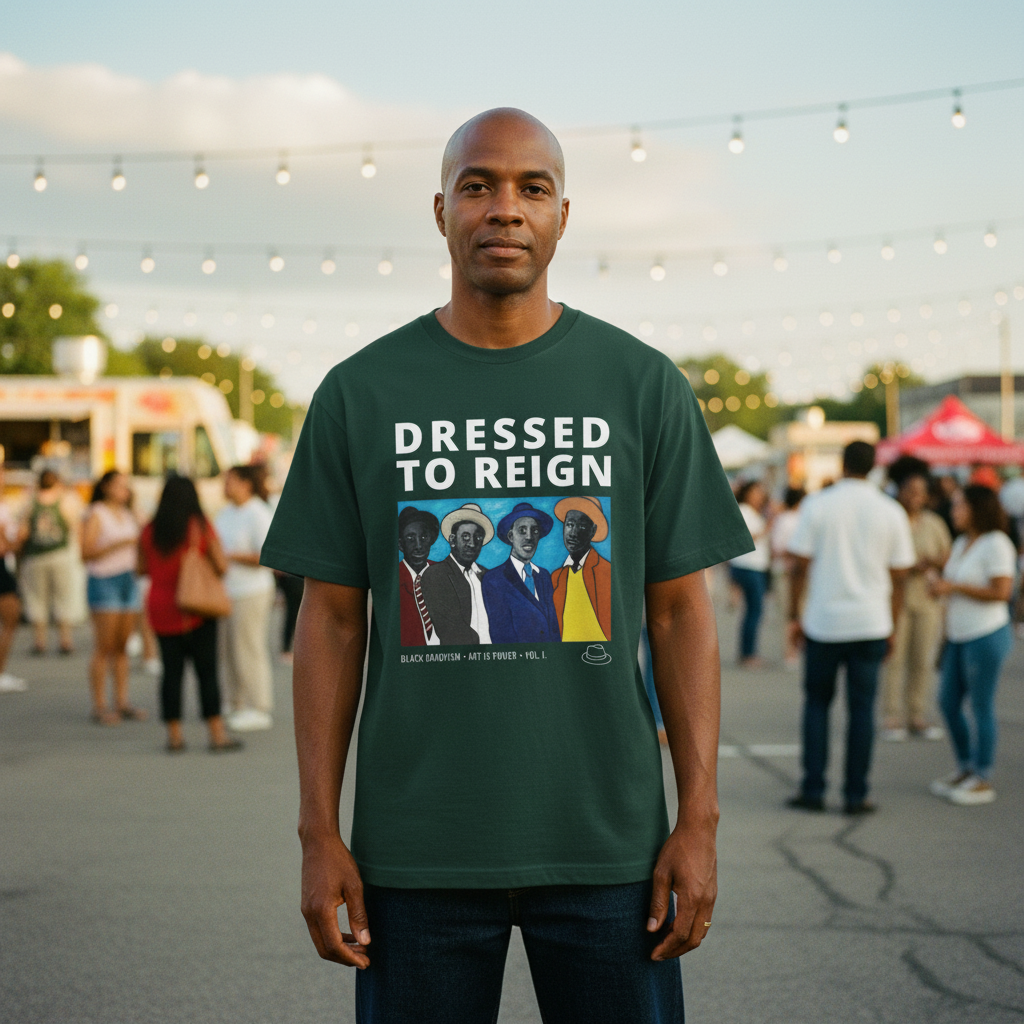 Person wearing the Dressed to Reign tee at a block party with bokeh background