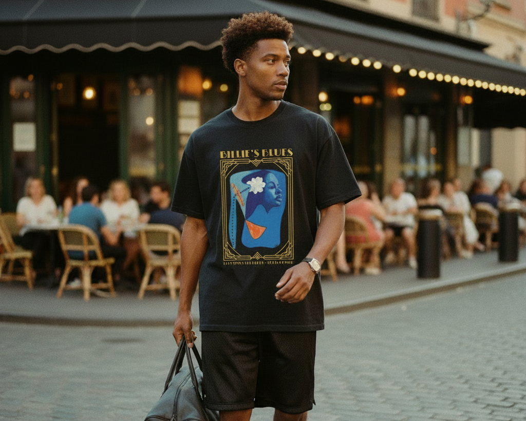 Person wearing the Billie Holiday Art Deco Collector Tee — Art Is Power Vol. I by Inkwell Fine Art Prints