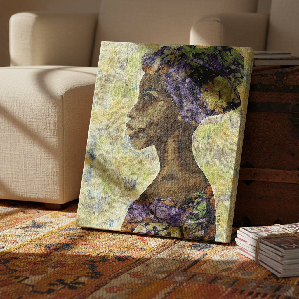 Nyanda African woman unframed canvas print leaning in bohemian interior