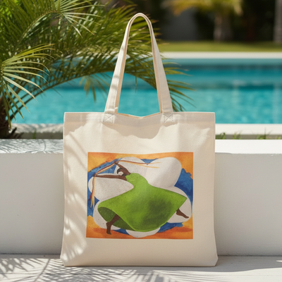 poolside Carnival art tote bag front view — Black joy dance art on cotton canvas by Antionette Simmons Hodges