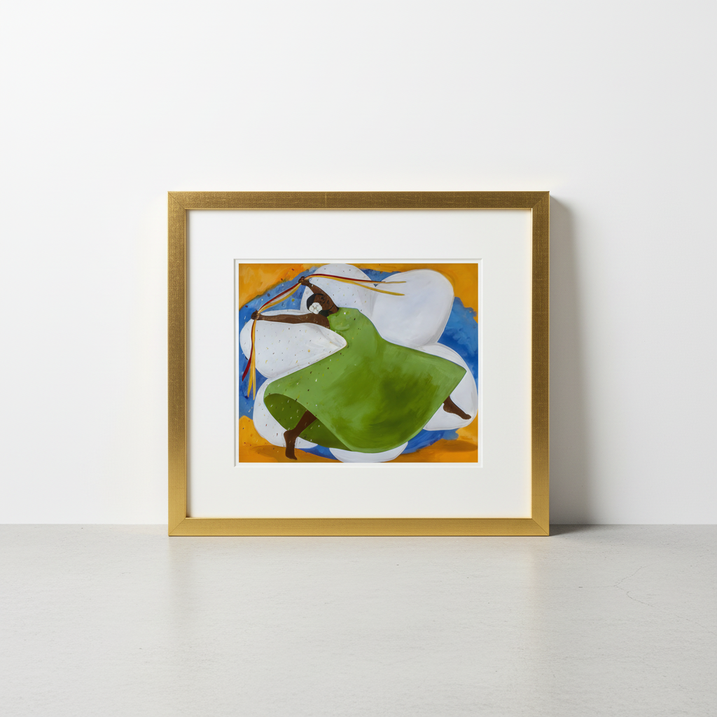 Framed abstract artwork with a green figure on a white wall
