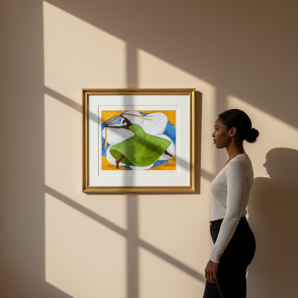 Woman looking at a framed artwork of a dancer in a green dress on a beige wall.