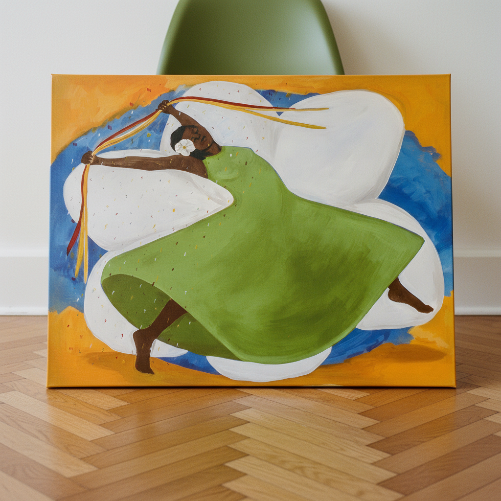 Carnival canvas print leaning against chair on herringbone floor — Black joy carnival dance art