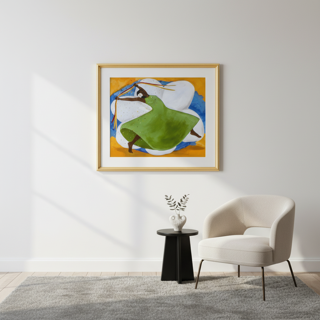 Framed artwork of a dancer in a green dress on a wall above a chair and small table.