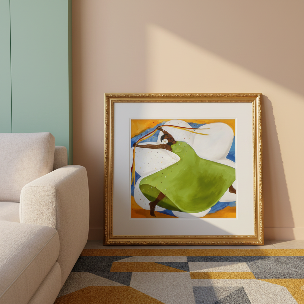 Framed artwork of a dancer in a green dress on a wall in a living room.