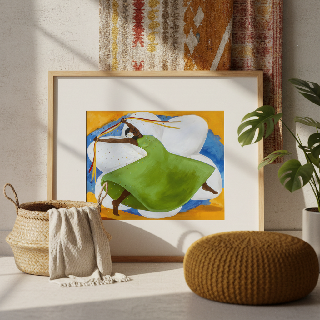 Framed artwork of a green bird on an orange background, placed on a surface with decorative items.