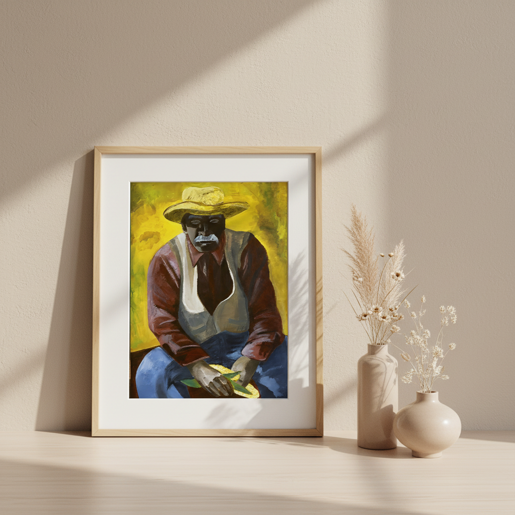 Framed artwork of a black farmer wearing a hat and gloves on a beige wall.