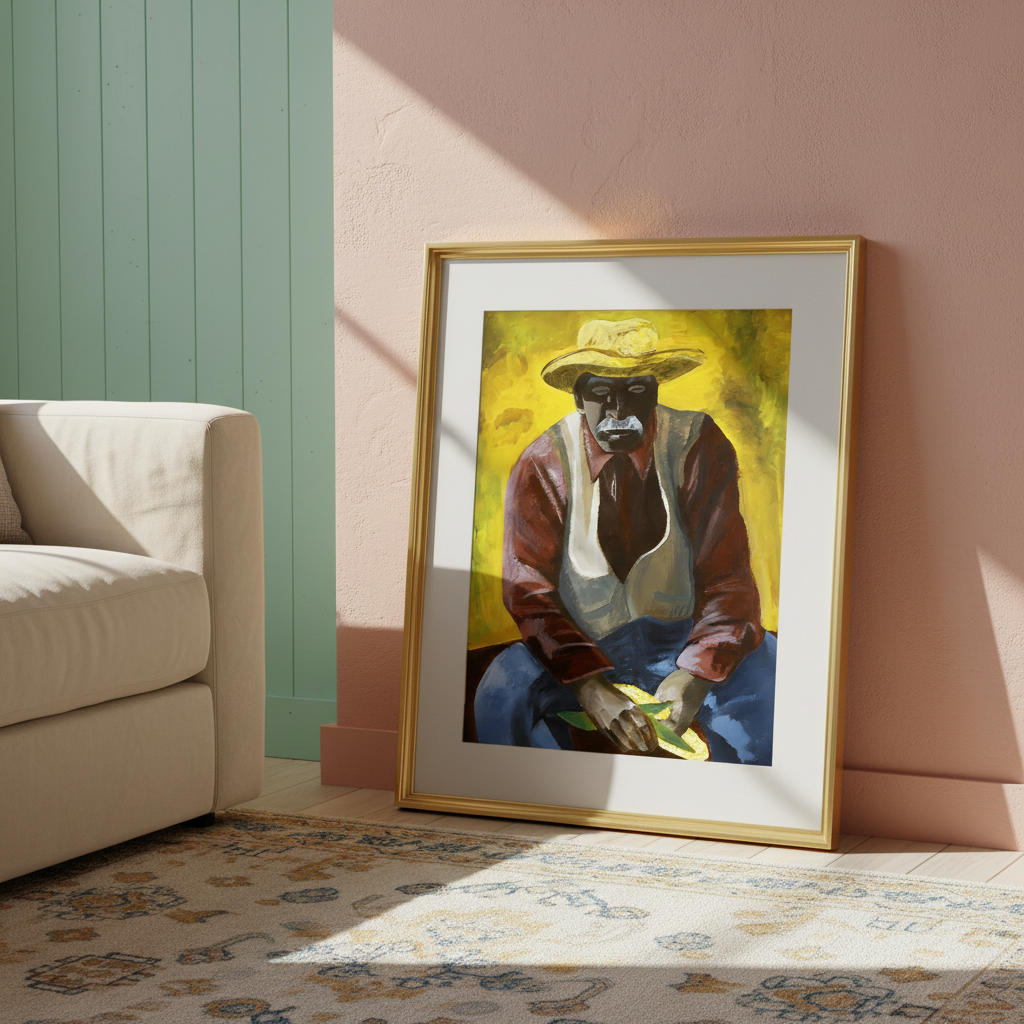 Framed painting of a farmer man wearing a hat in a room with a couch and colorful wall.