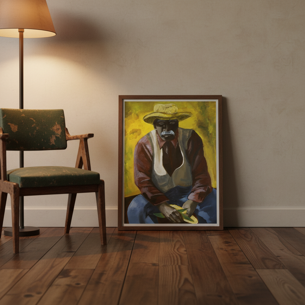 Framed painting of a person sitting on a wall in a room with a chair and lamp.