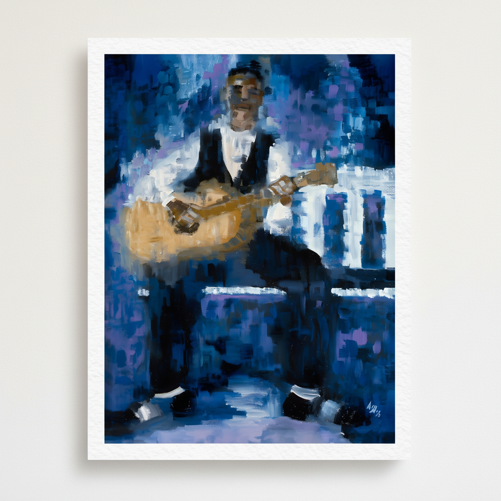 Country Rhythm guitarist giclee print — full artwork image of Black guitarist on white cotton paper