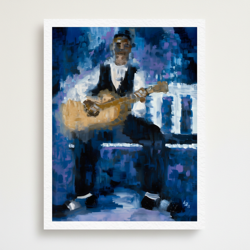 Country Rhythm guitarist giclee print — full artwork image of Black guitarist on white cotton paper