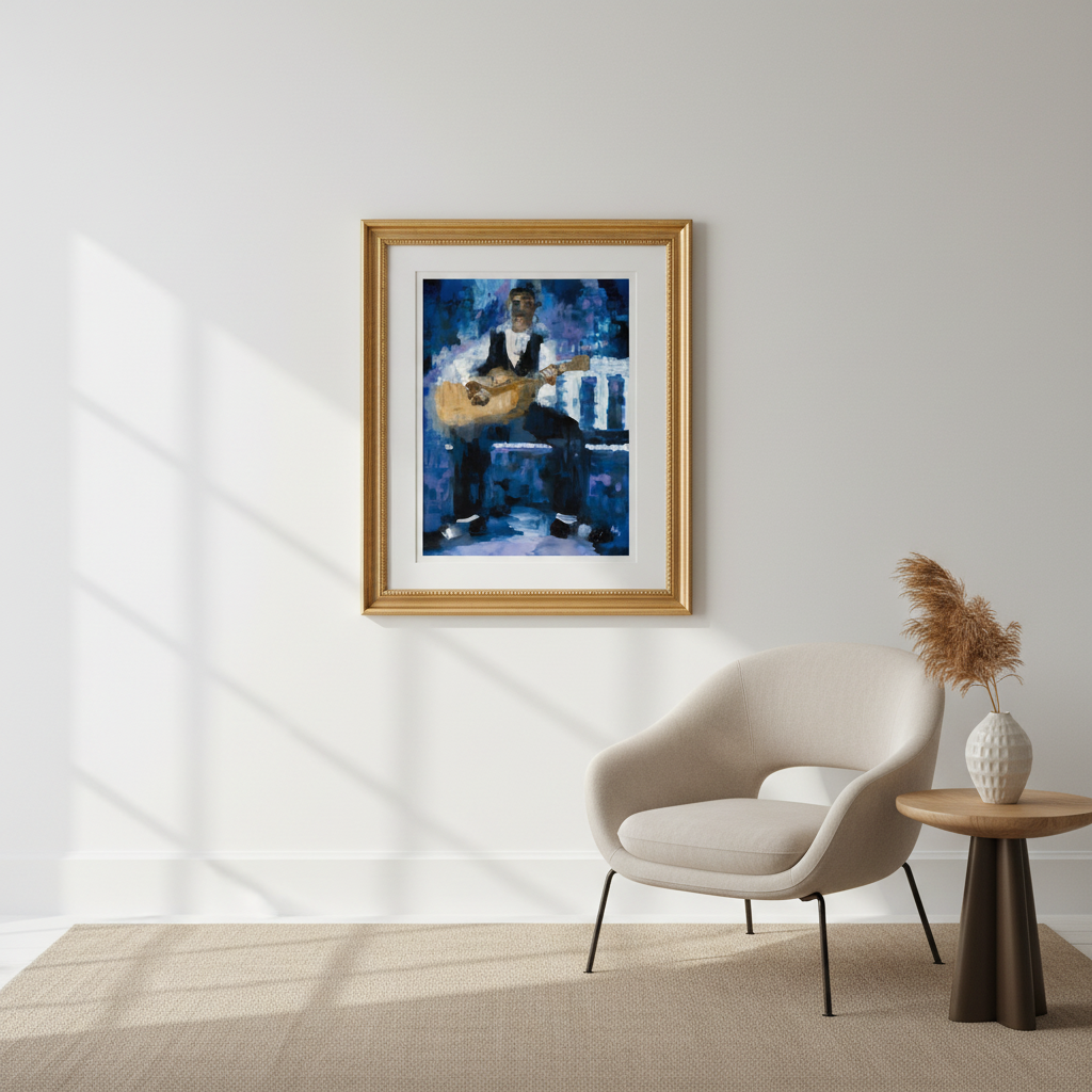 Framed artwork of a person playing guitar on a wall above a chair and side table.