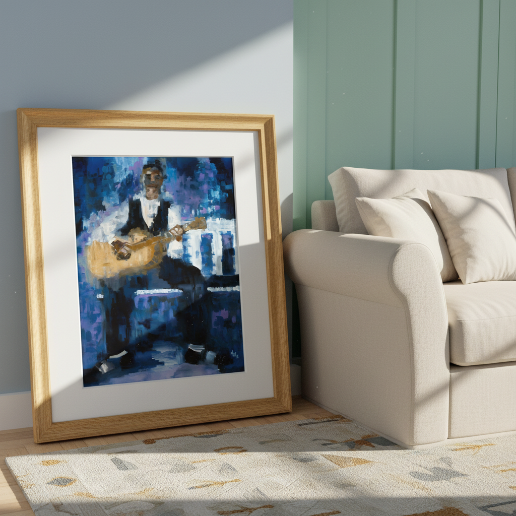 Framed artwork of a musician playing guitar in a living room setting.