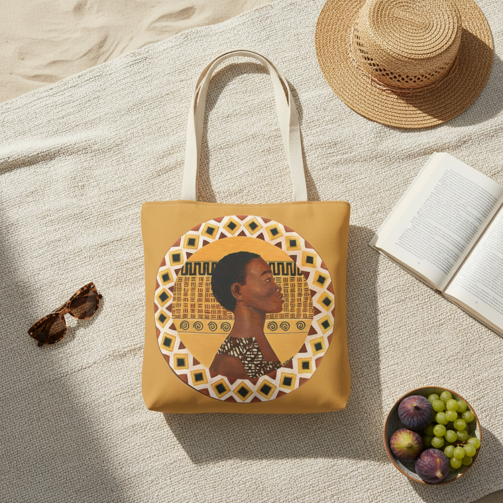 Dahomey Warrior tote bag with cream handles beach flatlay — Afrocentric warrior art on cotton canvas