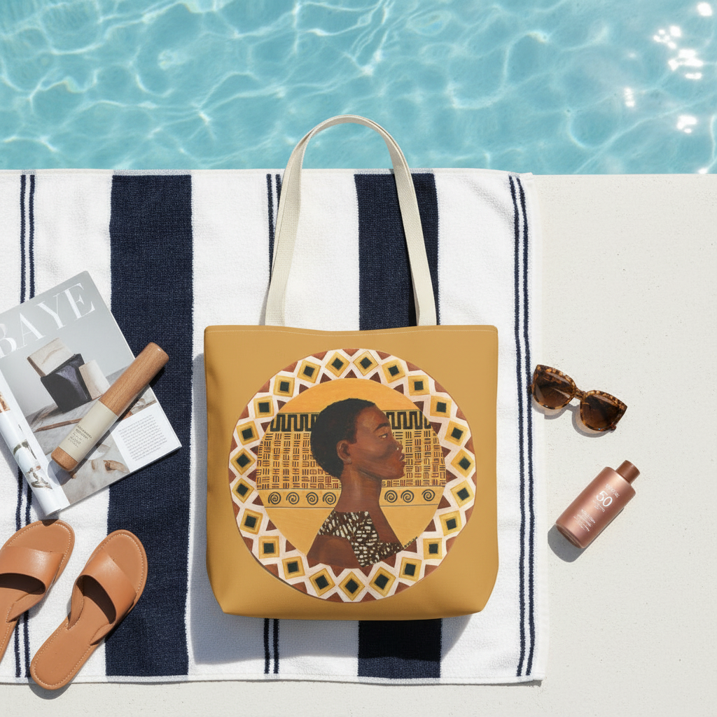 Dahomey Warrior tote bag with cream handles poolside flatlay — Afrocentric warrior art summer accessory
