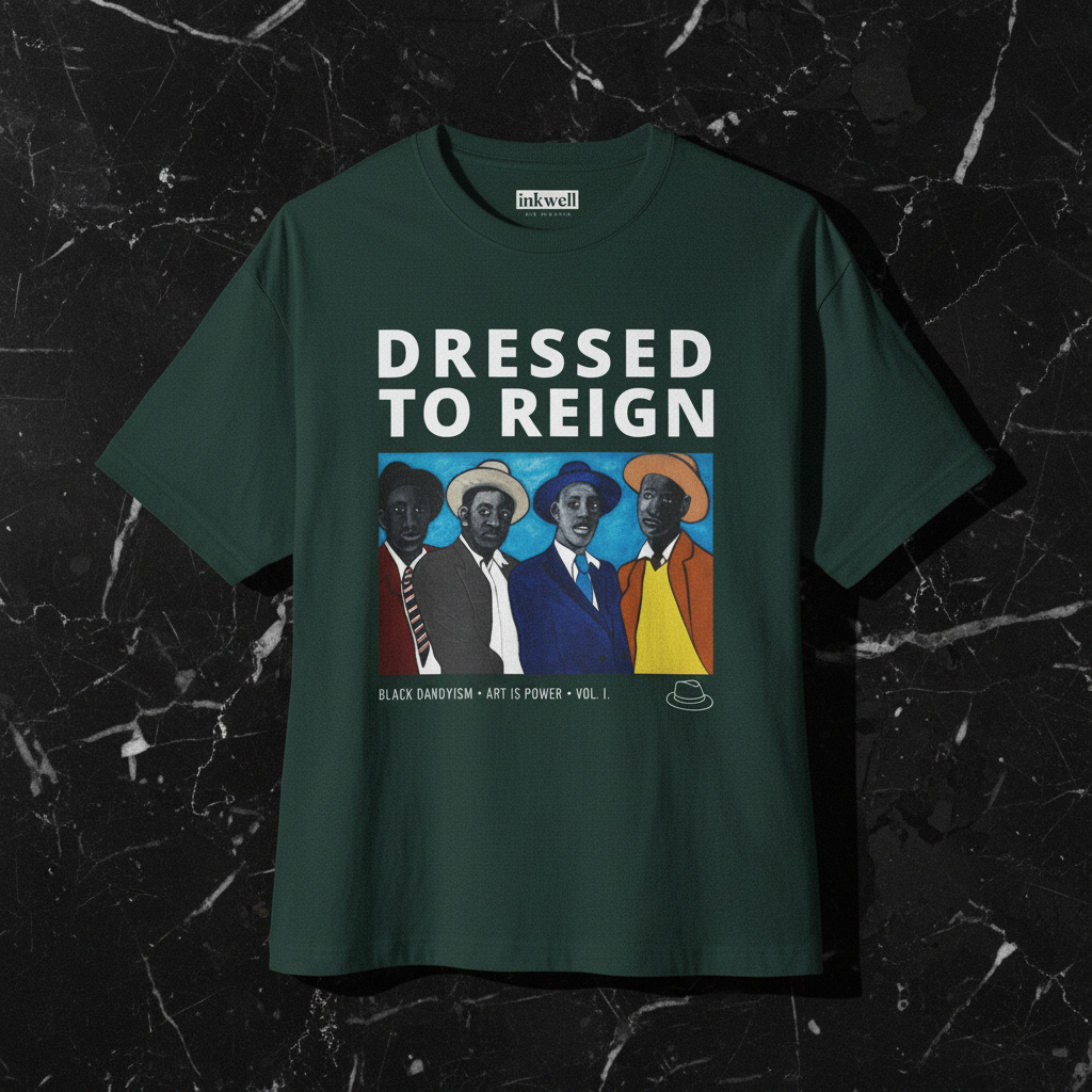 Dressed to Reign forest green tee front flatlay with neck label — Art Is Power Vol. I | Inkwell Fine Art Prints