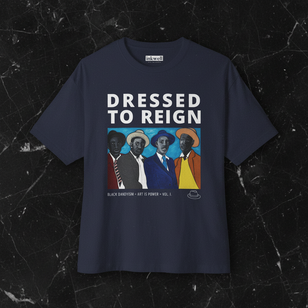 Dressed to Reign Four Guys navy tee front flatlay on black marble — Art Is Power Vol. I | Inkwell Fine Art Prints