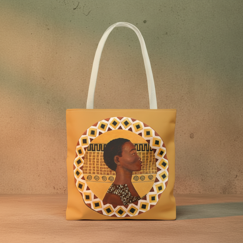 Dahomey Warrior Art Tote Bag clean front product shot with cream handles on white background