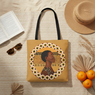 Dahomey Warrior Art Tote Bag on beach blanket flatlay — Afrocentric warrior design for summer