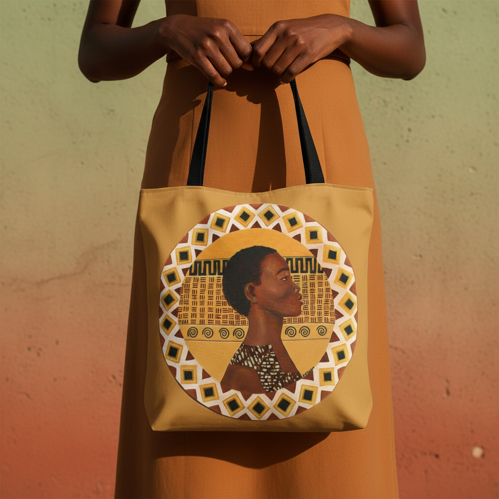 Close-up grip detail of Dahomey Warrior tote bag with black handles — African art canvas bag