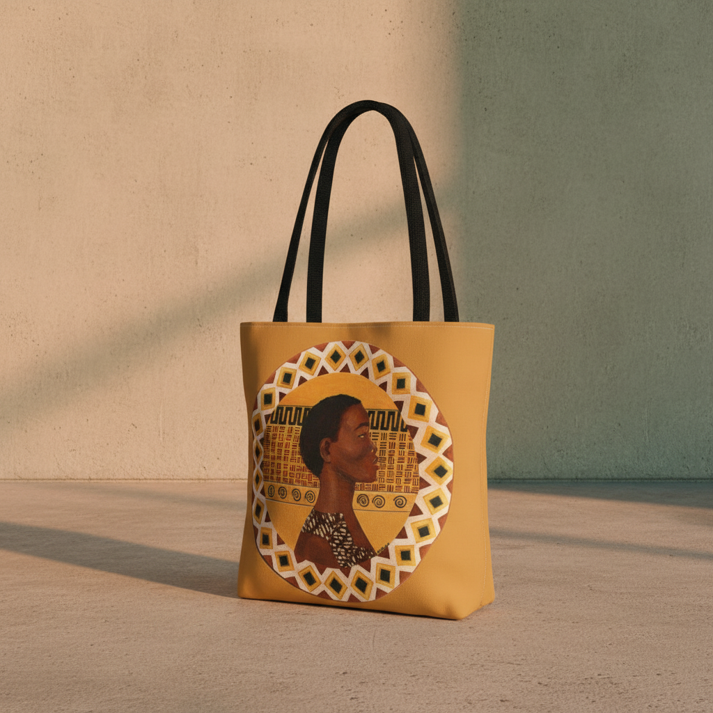 Dahomey Warrior Art Tote Bag with black handles angled front product shot