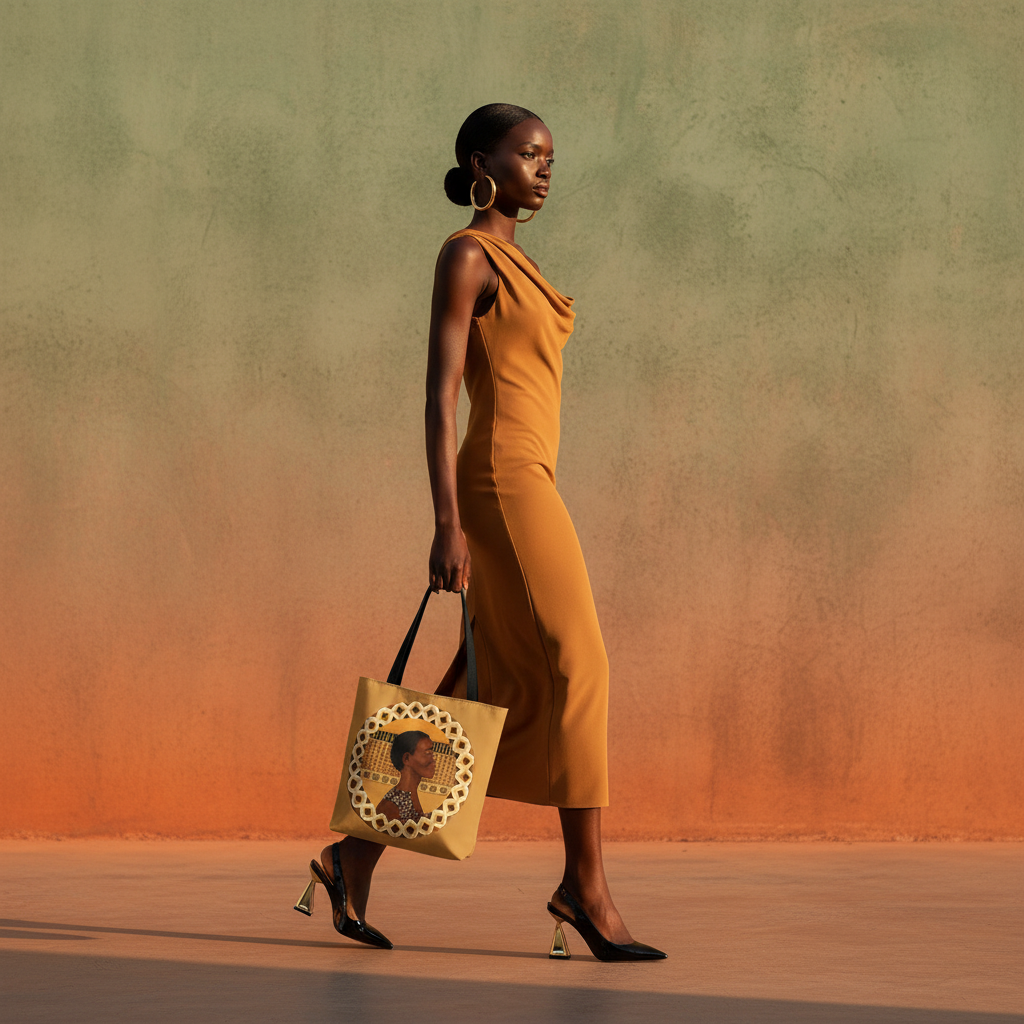 Model in motion carrying Dahomey Warrior Art Tote Bag with black handles — Black art lifestyle