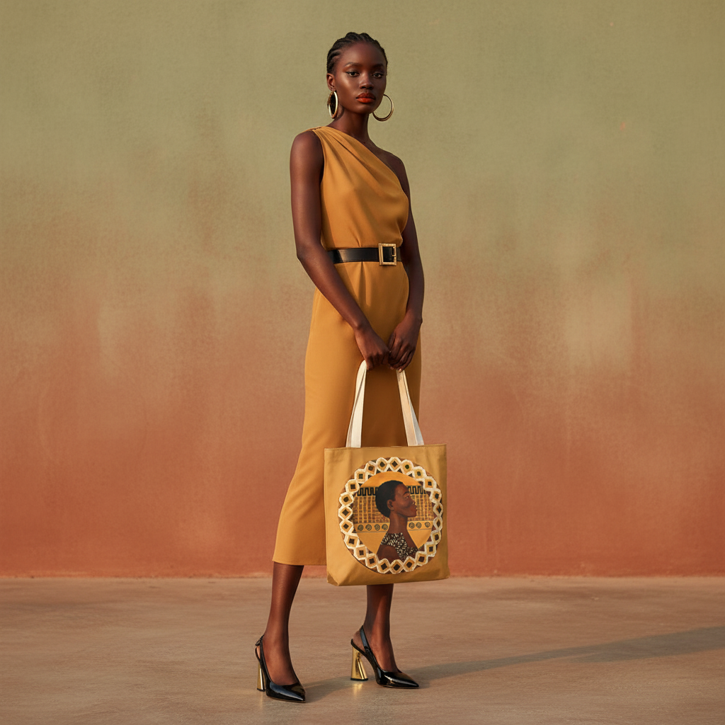 Full body lifestyle shot of Dahomey Warrior Art Tote Bag with cream handles