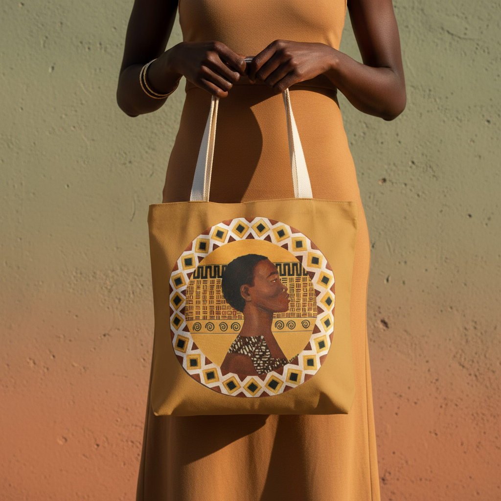 Close-up grip detail of Dahomey Warrior tote bag with cream handles — Black art cotton canvas