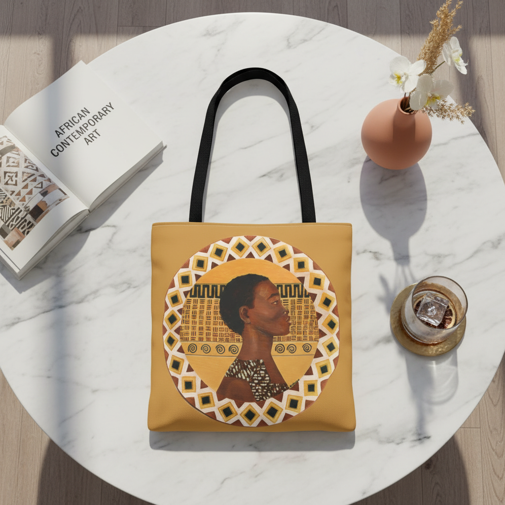 Dahomey Warrior Art Tote Bag gallery table flatlay — meaningful Black art gift display