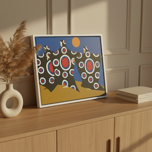 Dance of the Dougla framed canvas print white frame on sideboard with pampas and books — Caribbean art